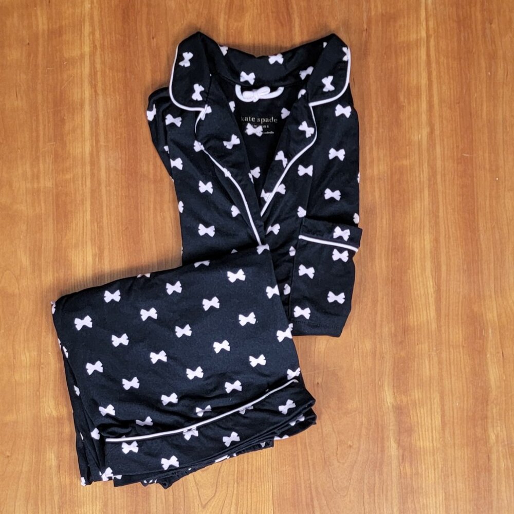 Women's Soft 2 Pc Kate Spade Pajama Set Black Pale Pink Bows - M - Picture 9 of 13